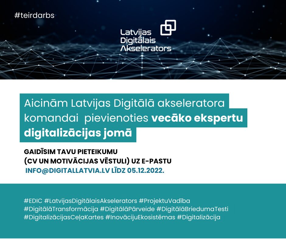 Latvijas Digitālajā akseleratora aicina komandai pievienoties vecāko ekspertu digitalizācijas jomā
